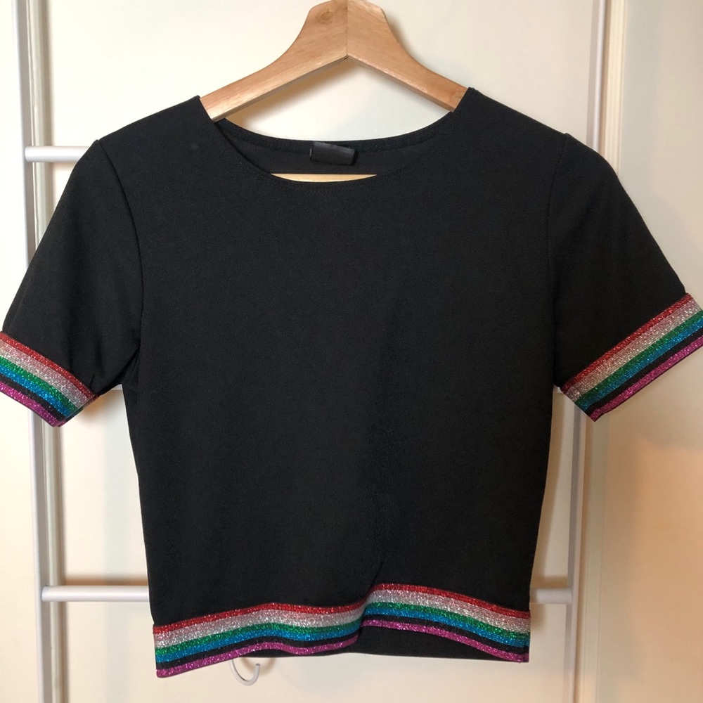 Cropped Black Tee Rainbow Metallic Detail PRIDE